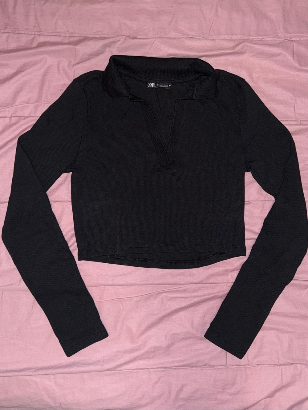 Zara Black Long Sleeve Cropped Polo Top